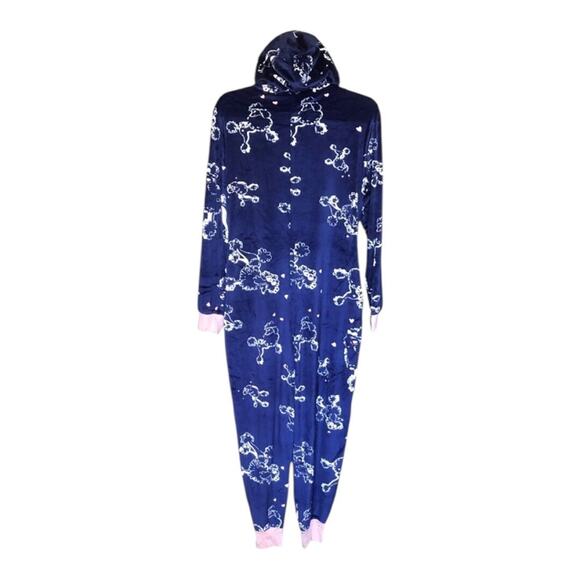 Hale Bob Pajamas NWT White Poodles Navy Pink Trim Wrist Ankles Hoodie Onesie Med - Picture 7 of 13